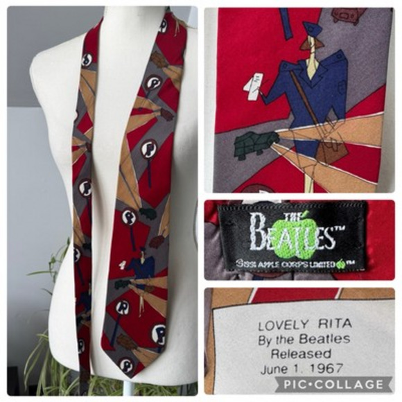 Vintage 1991 The Beatles Lovely Rita Meter Maid Silk Necktie Tie Red Gray USA - Picture 1 of 6